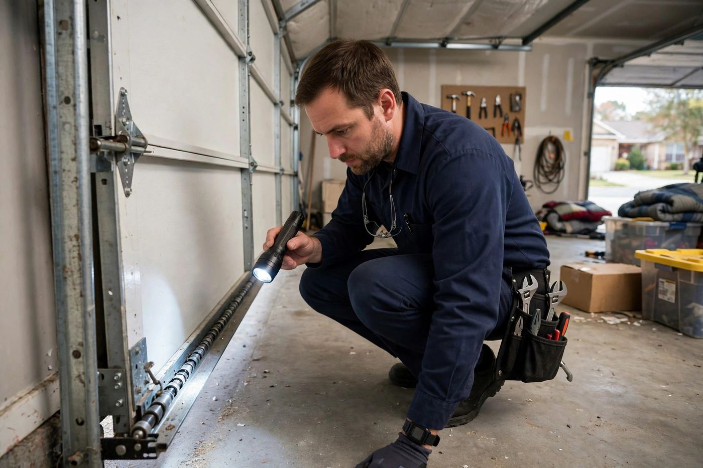 New Garage Door Installation — garage door technician at work